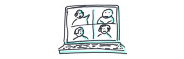 Videokonferenz auf einem Laptop mit vier gezeichneten Personen.