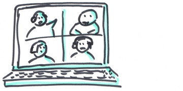 Vier handgezeichnete Strichmännchen in vier Fenstern, auf dem Bildschirm eines Laptops. 